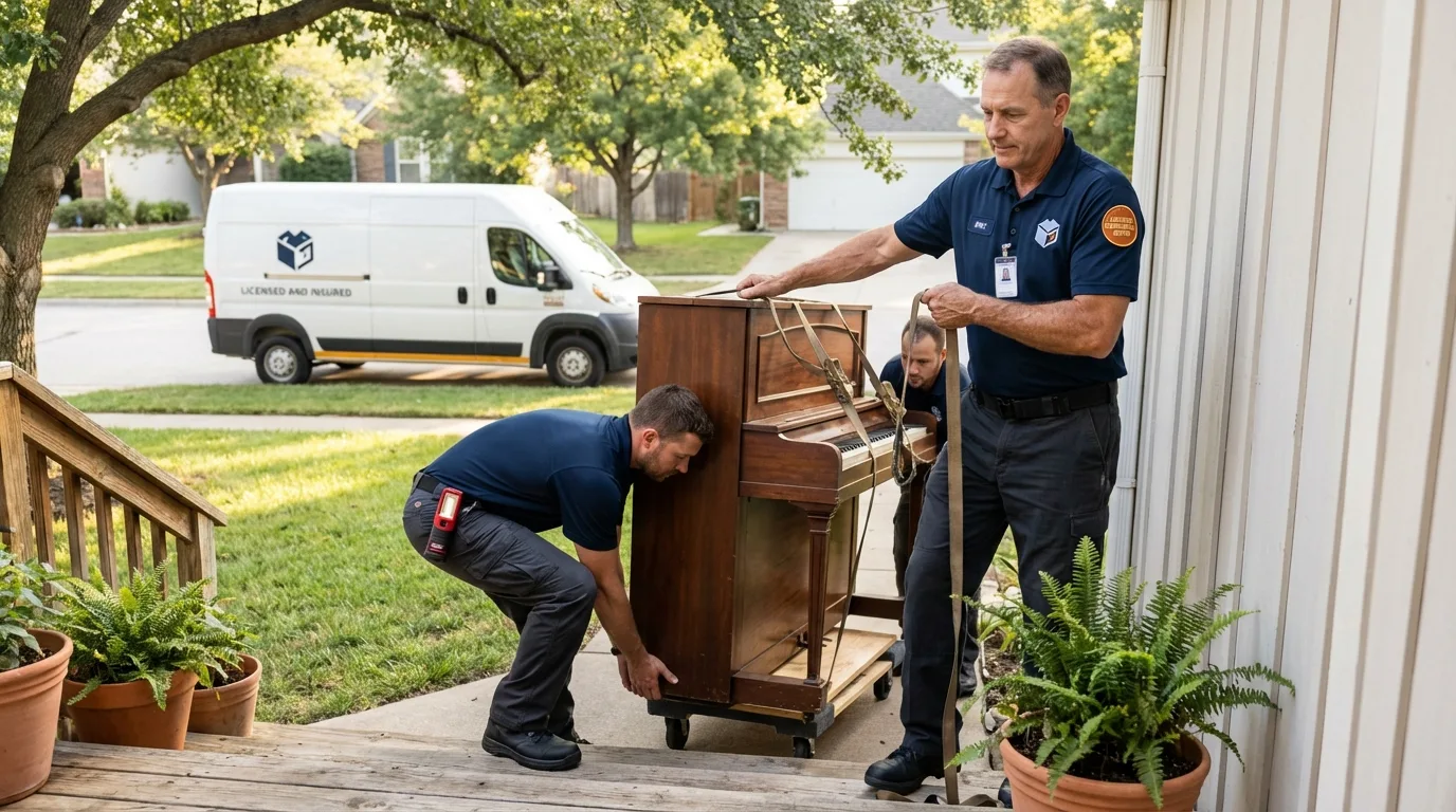 Licensed piano movers securing grand piano in Waite Park, MN