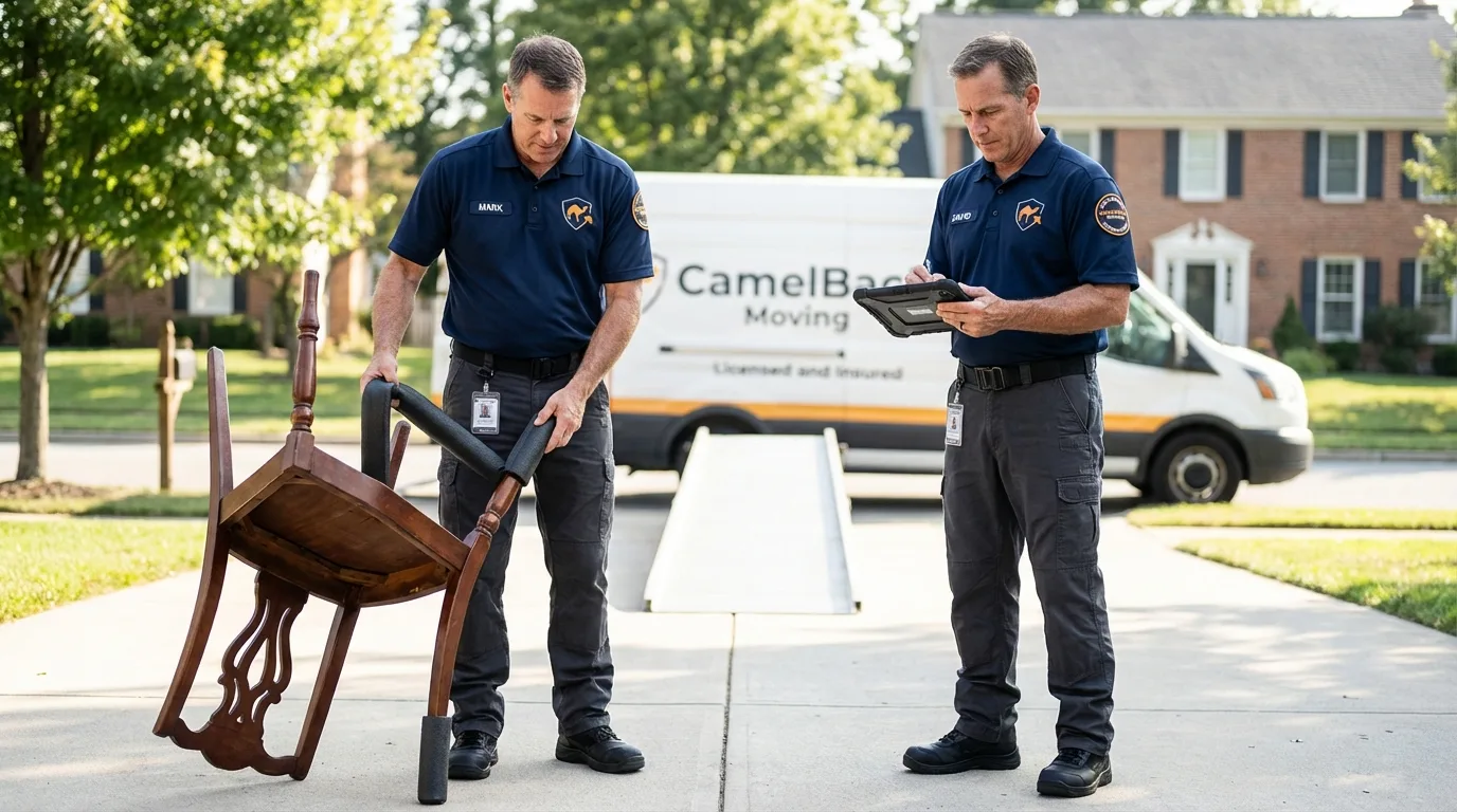 Movers inspecting furniture for damage prevention before loading in Waite Park, MN
