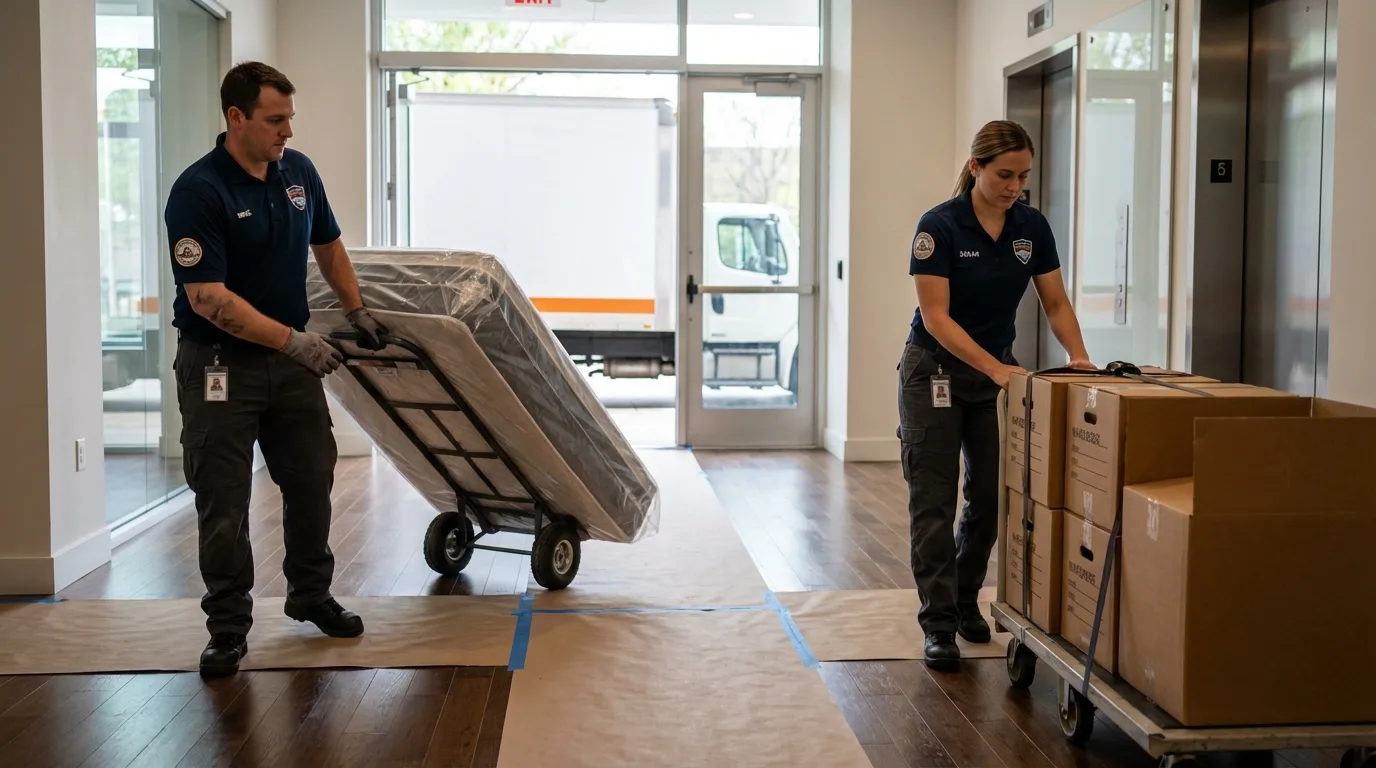 Professional apartment movers loading elevator in Waite Park, MN