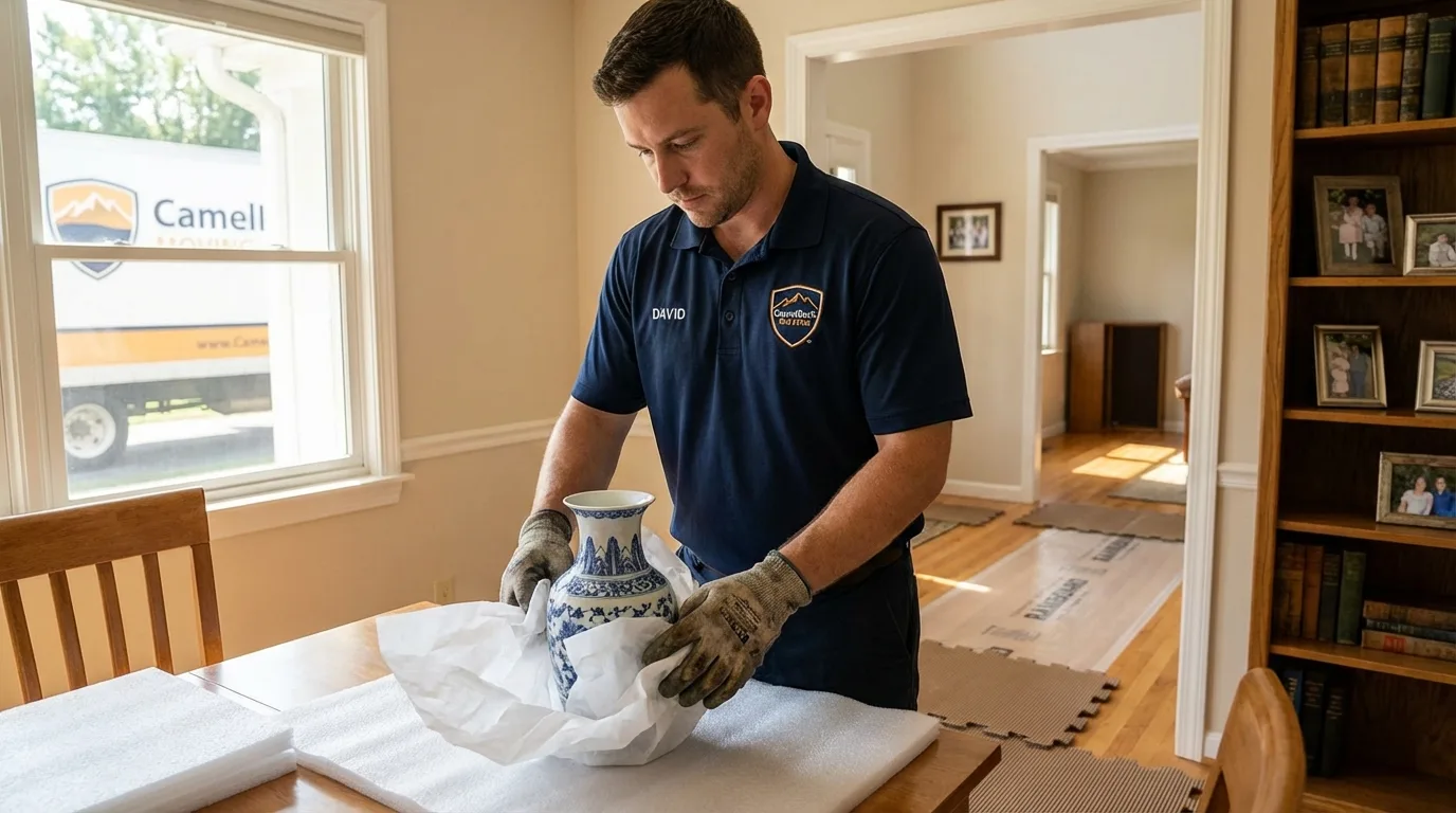 Professional crew carefully wrapping antique vase for senior downsizing move in Waite Park, MN